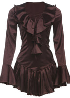 Satin Ruffle Collar Tie Front Bell Cuff Tiered Ruffle Mini Dress