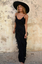 Spaghetti Strap V-Neck Tiered Ruffle High Slit Maxi Dress