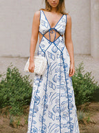 Nautical Seashell Print Tie Front Cut Out Waist Maxi Dress