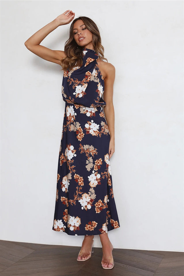 Satin Floral Print Halter Scarf Neck A-Line Midi Dress
