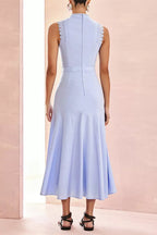 Mock Neck Scalloped Lace Insert Paneled Flared Midi Dress