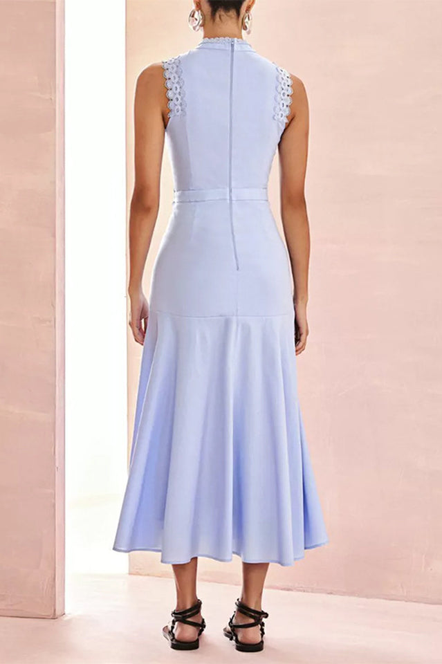 Mock Neck Scalloped Lace Insert Paneled Flared Midi Dress