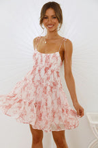 Tie Shoulder Floral Print Tiered Ruffle Mini Dress