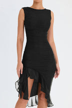 Crew Neck Ruched Mesh Bodycon High Slit Tiered Ruffle Hem Midi Dress