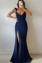 Deep V-Neck Ruffle Strap Thigh Slit Floor Length Maxi Dress