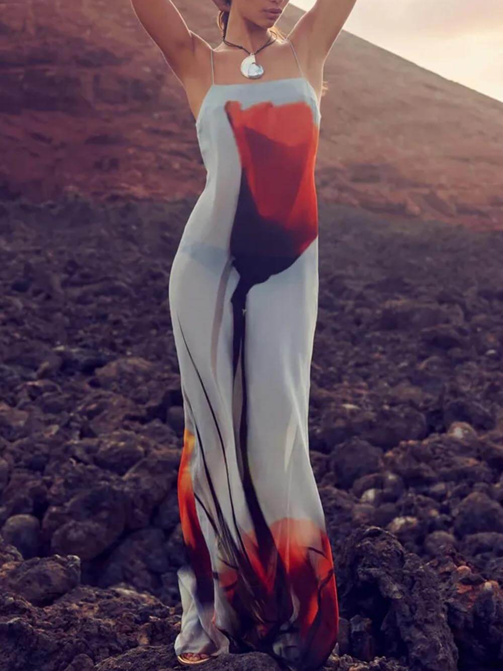 Vacation Abstract Tulip Print Slip H - Line Maxi Dress