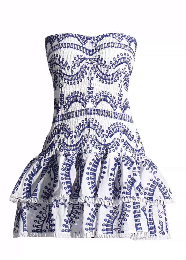Geometric Print Smocked Strapless Tiered Pom Trim Mini Dress