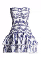 Geometric Print Smocked Strapless Tiered Pom Trim Mini Dress