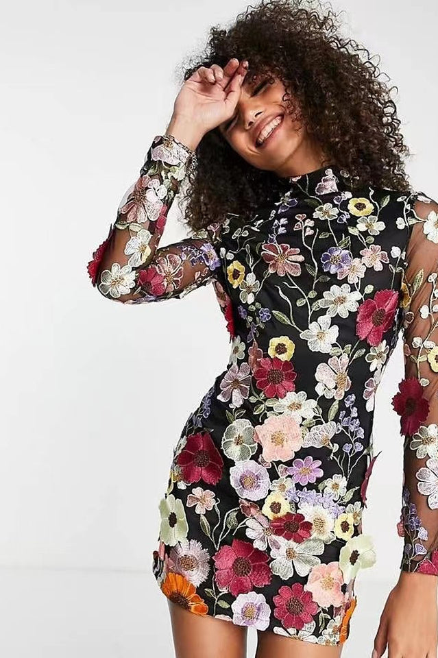 3D Floral Applique Mesh Long Sleeve High Neck Bodycon Mini Dress