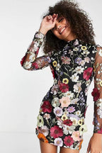 3D Floral Applique Mesh Long Sleeve High Neck Bodycon Mini Dress