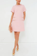 Tweed Braided Trim Crew Neck Button Welt Shift Mini Dress