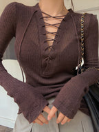 Solid V Neck Lace Up Long Sleeve Knit