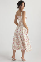 Floral Corset Sweetheart Spaghetti Strap Lace Trim A-Line Midi Dress
