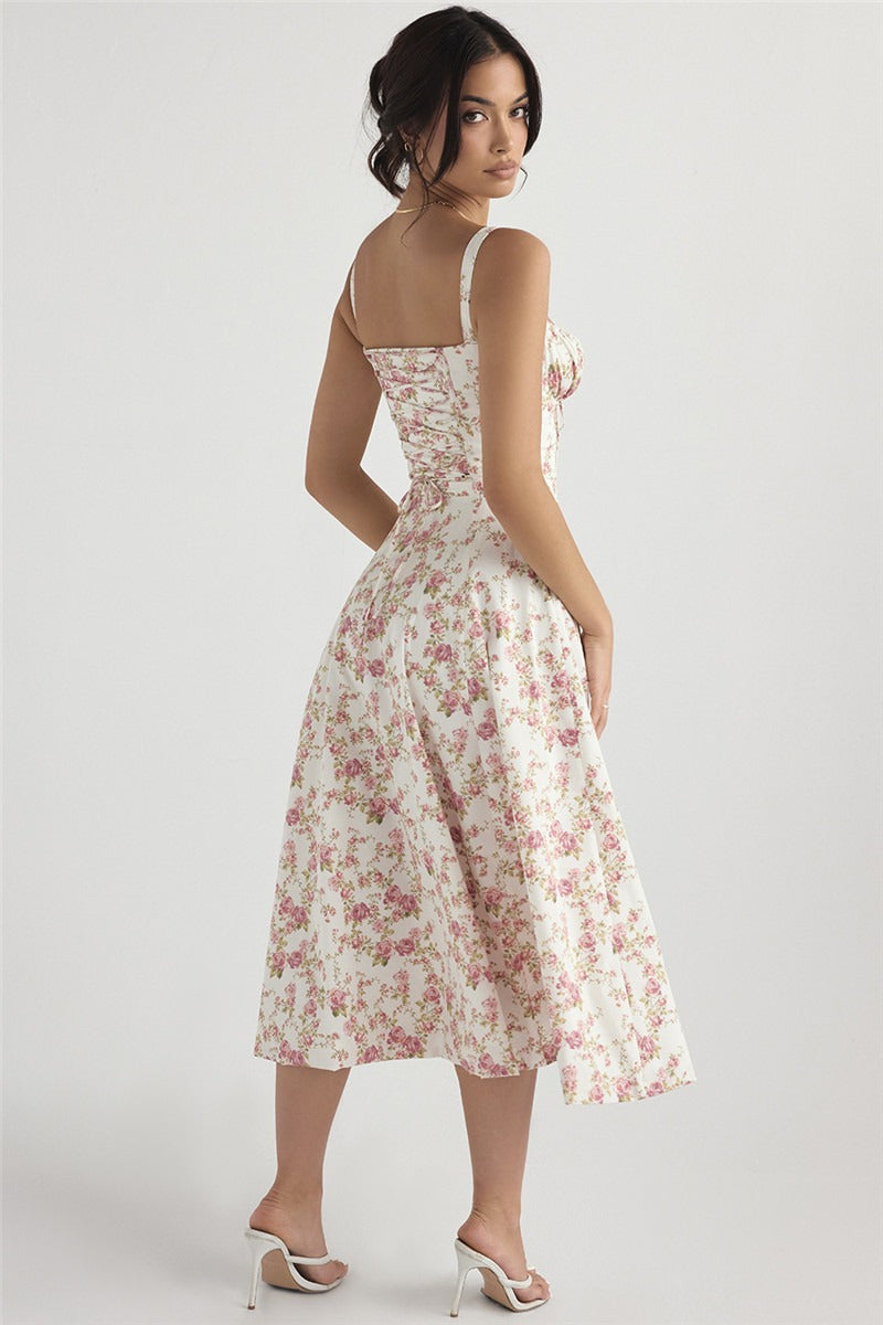 Floral Corset Sweetheart Spaghetti Strap Lace Trim A-Line Midi Dress
