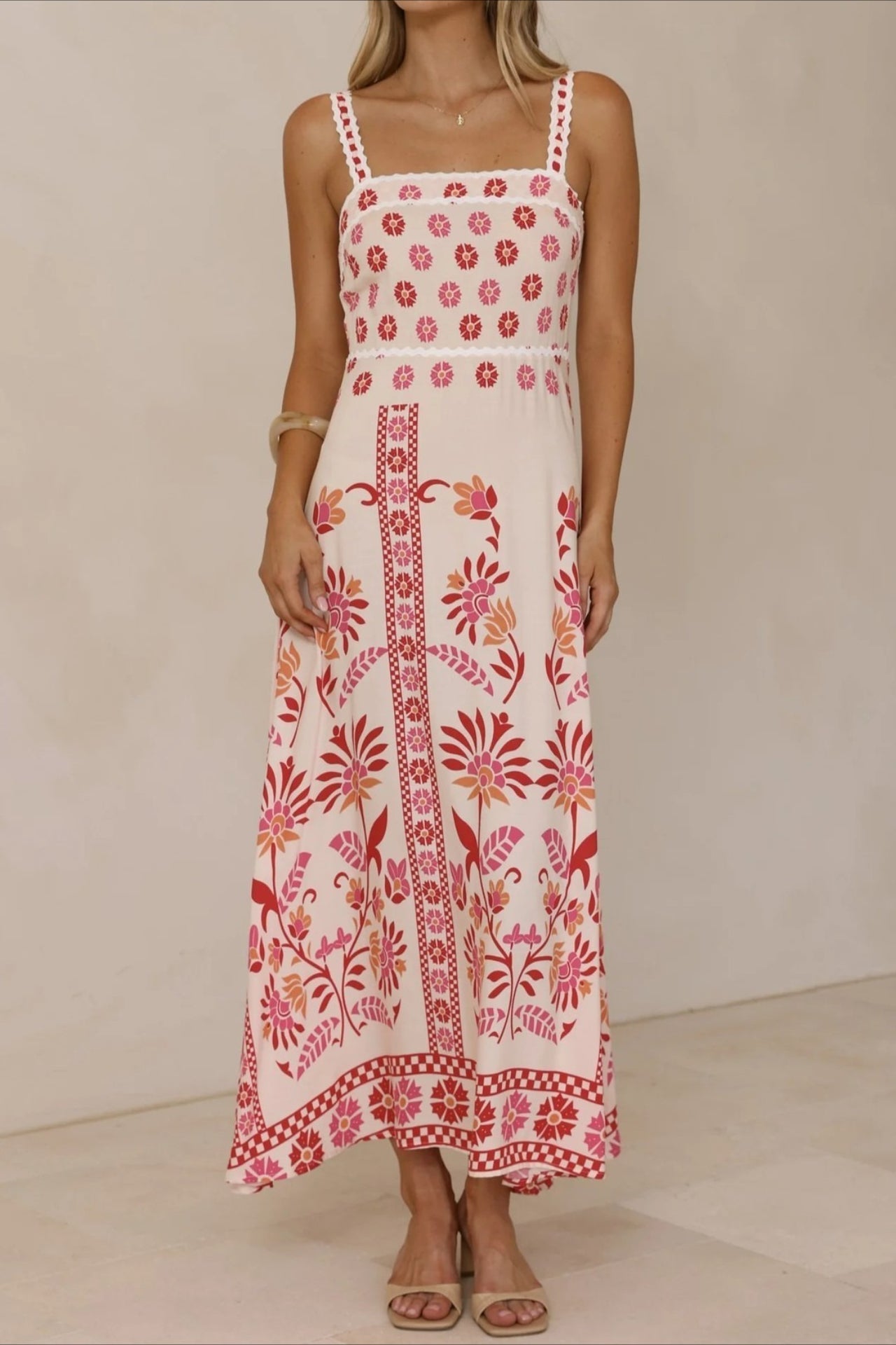 Square Neck Lace Trim Empire Waist Geometric Floral Border Maxi Dress