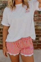 Gingham Plaid Tie Elastic Waist Lace Patchwork Hem Casual Shorts