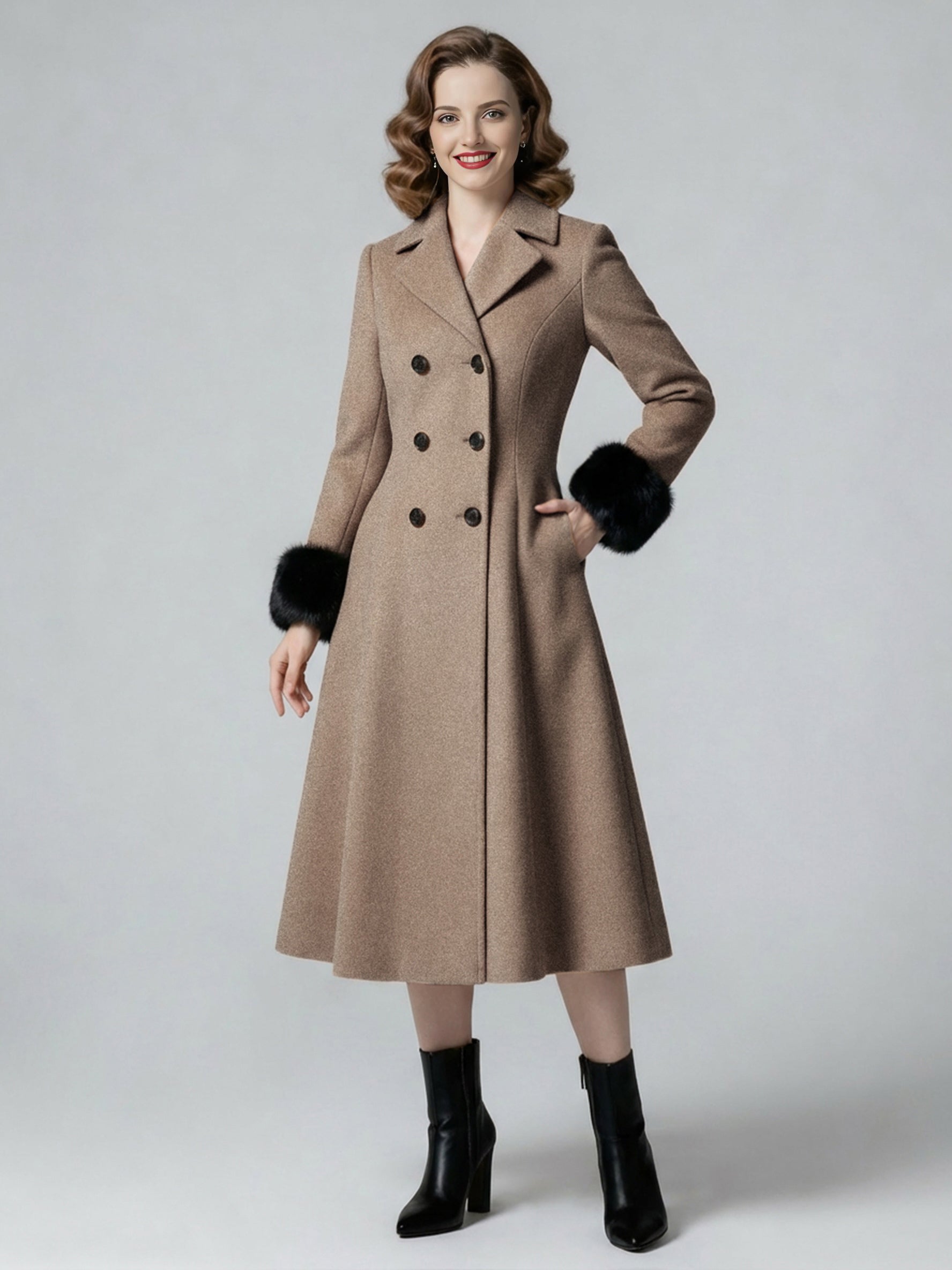 Wool Blend Double-breasted Midi Flared Coat with black Faux Fur Cuffs For Women 2026
