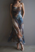 Monet's Dream Abstract Watercolor Cowl Neck Maxi Dress
