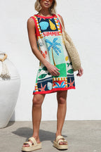 Summer-themed Printed Round Neck Sleeveless Pocket Loose Mini Dress