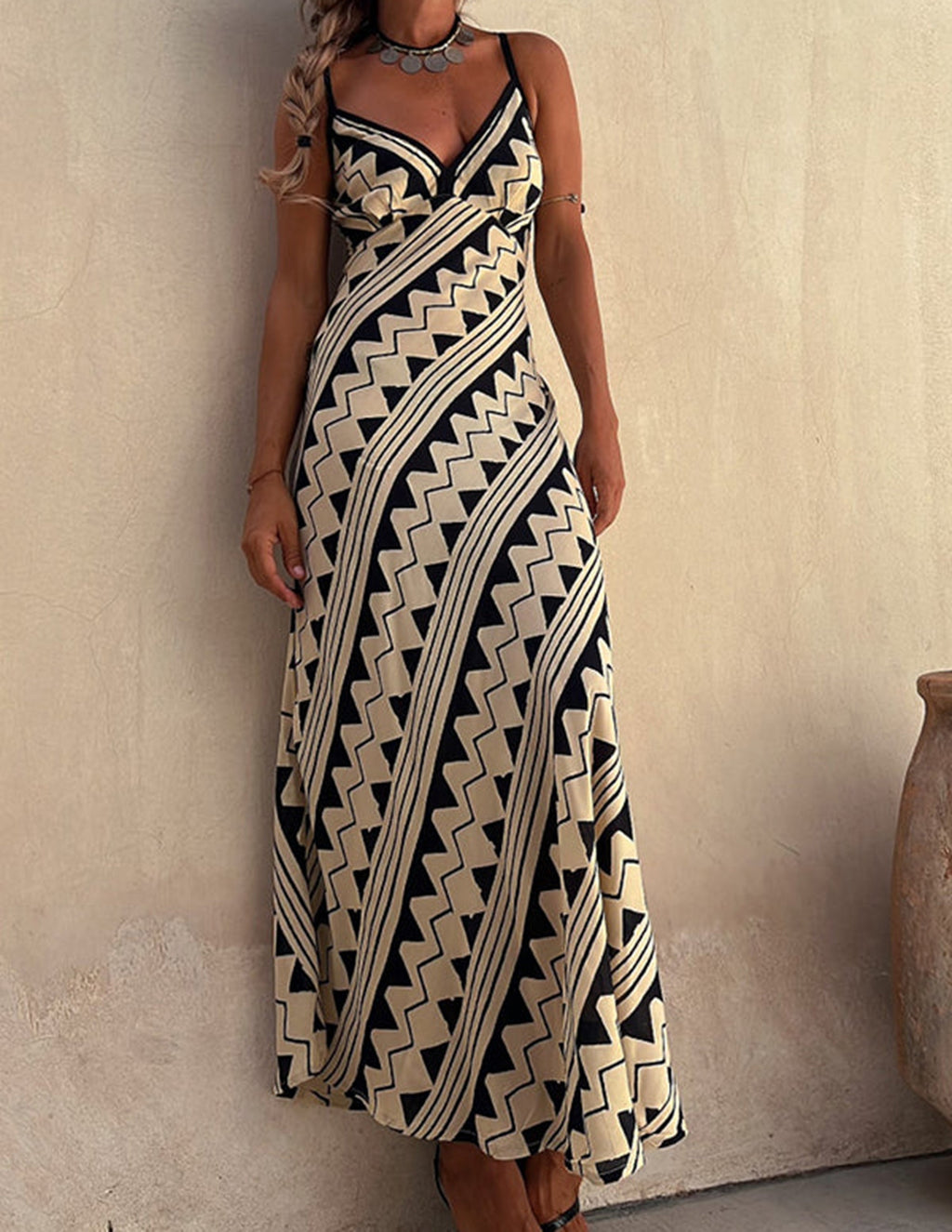 Geometric Chevron Print Spaghetti Strap Deep V-Neck Maxi Dress