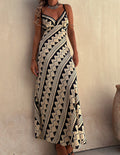 Geometric Chevron Print Spaghetti Strap Deep V-Neck Maxi Dress