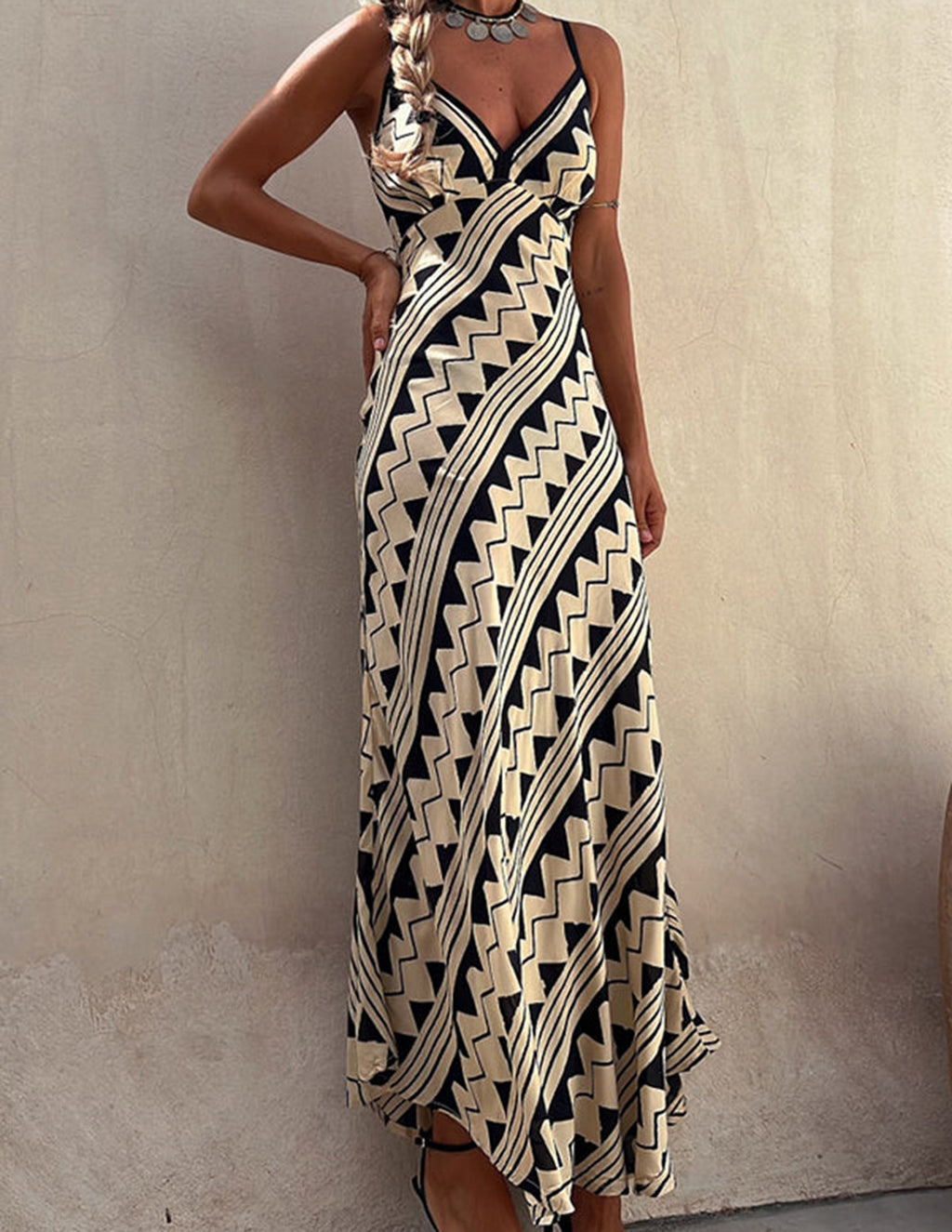 Geometric Chevron Print Spaghetti Strap Deep V-Neck Maxi Dress