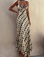 Geometric Chevron Print Spaghetti Strap Deep V-Neck Maxi Dress