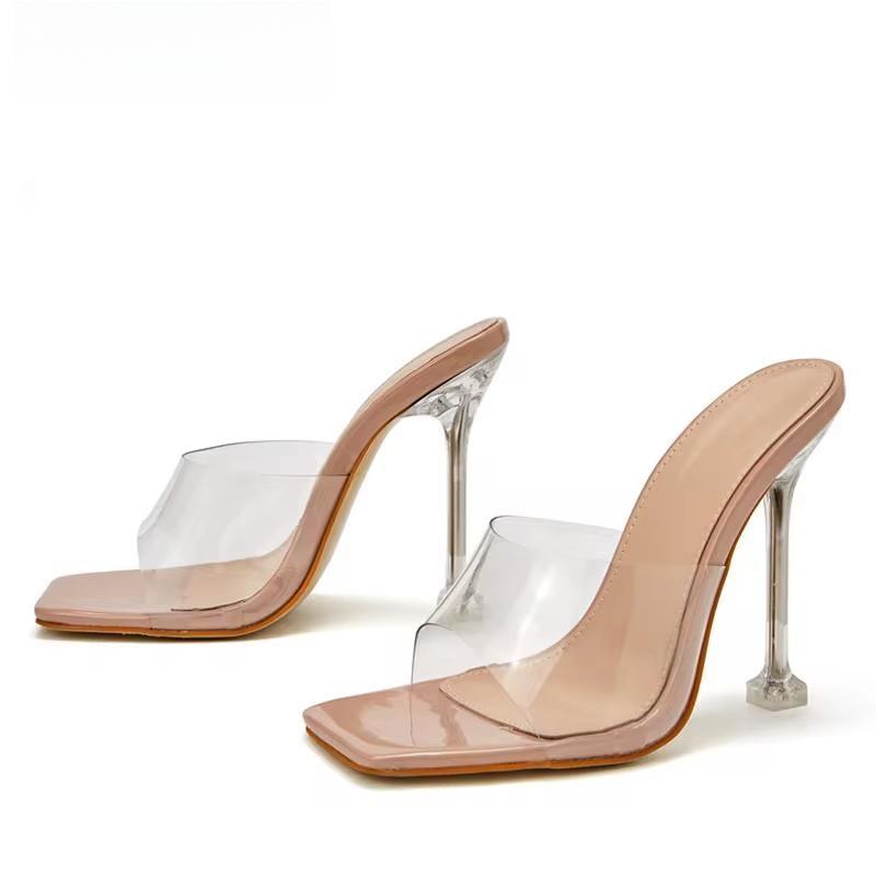 Crystal PVC Jelly Slippers with Open Toe and Perspex High Heels for Women