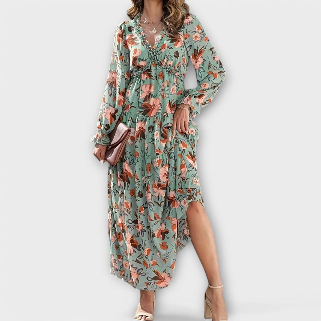 Floral Print Deep V-Neck Ruffle Trim Lantern Sleeve Tiered Maxi Dress