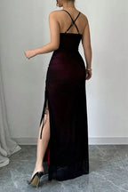 Mesh Overlay Ruched Spaghetti Strap Square Neck High Split Bodycon Maxi Dress