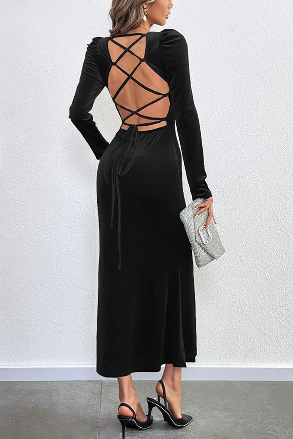 Velvet Square Neck Puff Shoulder Mermaid Hem Maxi Dress