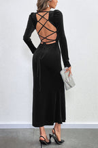 Velvet Square Neck Puff Shoulder Mermaid Hem Maxi Dress