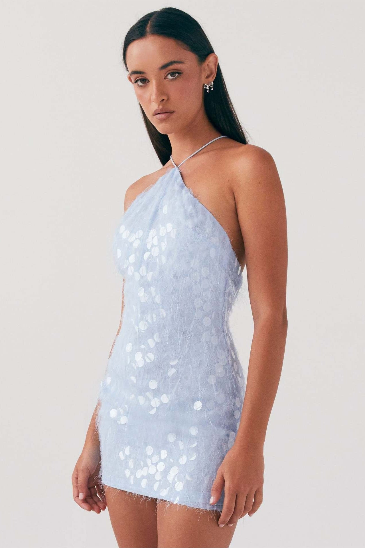 Blue Backless Halter Sequin Lace-up Dress