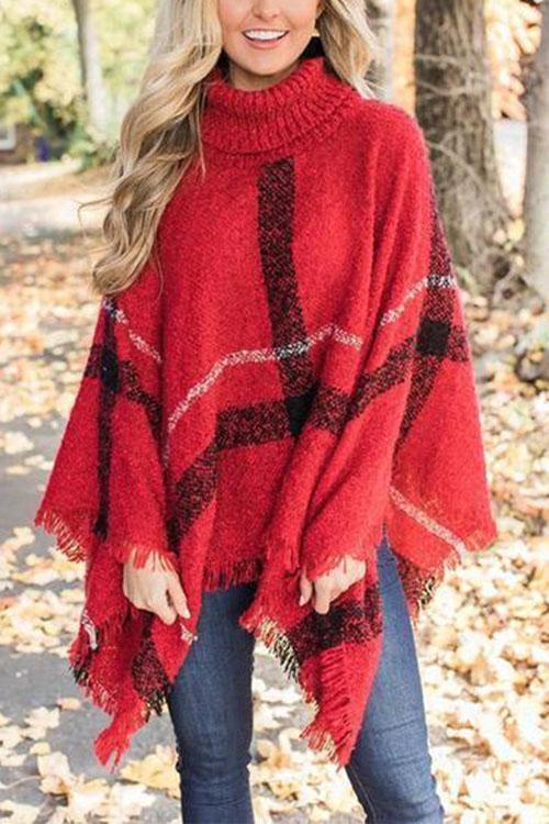Tassel Color Block Classic Cloak Poncho Sweater