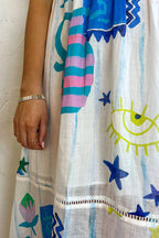 Graphic Print Spaghetti Strap Tiered Eyelet Trim Midi Dress