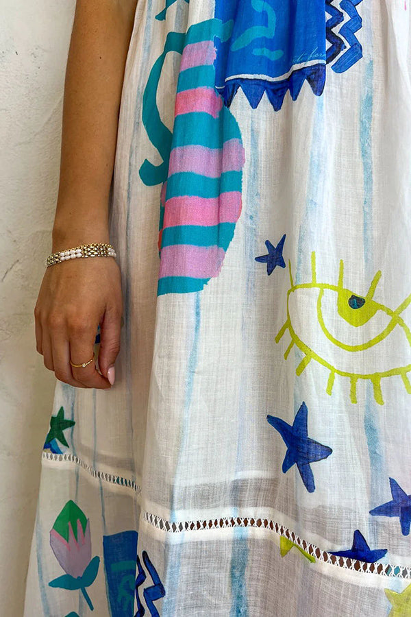 Graphic Print Spaghetti Strap Tiered Eyelet Trim Midi Dress