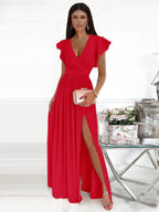 Dark Navy Maxi Dress Flutter Sleeves V-Neck Surplice Tank Prom Dresses
