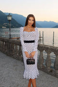 Polka Dot Puff Shoulder Long Sleeve Waistband Ruffle Hem Midi Dress