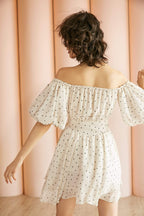 Off Shoulder Polka Dot Smocked Waist Puff Sleeve Ruffle Mini Dress