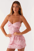 Floral Embroidered Beaded Mesh Spaghetti Strap Sweetheart Bodycon Mini Dress