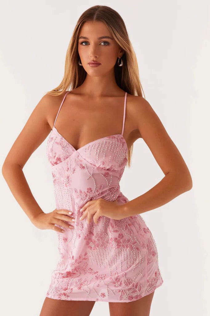 Floral Embroidered Beaded Mesh Spaghetti Strap Sweetheart Bodycon Mini Dress