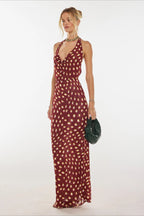 Abstract Spotted Print Halter Neck Cowl Drape Maxi Dress