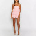 Strapless Ruched Tube Tiered Tulle Ruffle Babydoll Mini Dress