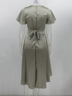 Short Sleeves Midi Dresses V-Neck Knotted High Low Design