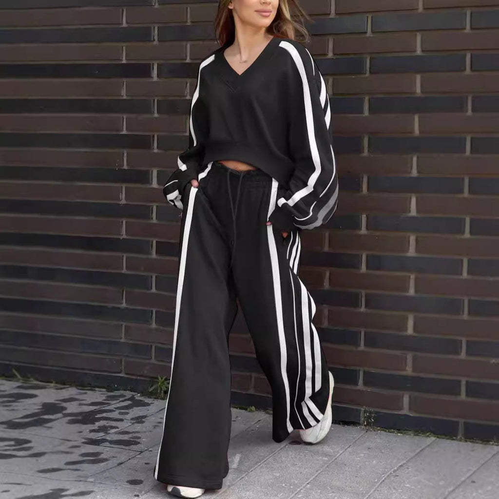 Casual V-Neck Striped Sweat & Wide Leg Pants Two-Piece Set