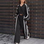 Casual V-Neck Striped Sweat & Wide Leg Pants Two-Piece Set