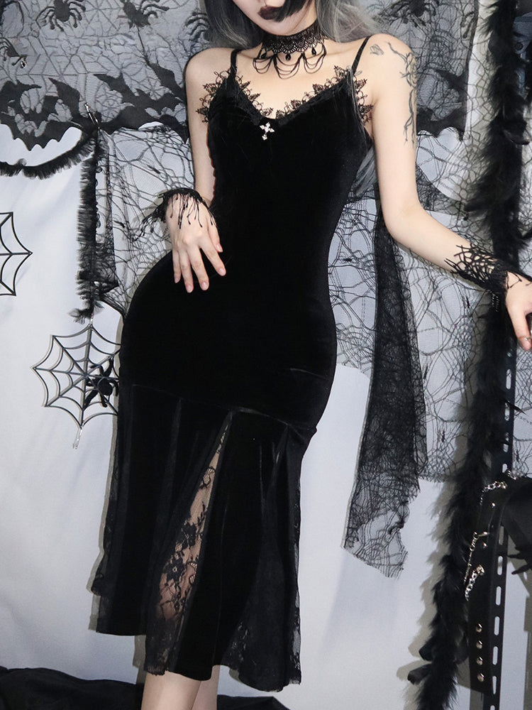 Velvet Sweetheart Lace Trim Cross Pendant Lace Godet Mermaid Maxi Dress