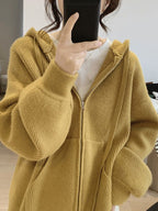 Solid Hooded Zip Up Knit Cardigan