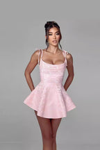 Jacquard Floral Bow Strap Cowl Neck Fit and Flare Mini Dress