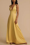 Satin Deep V-Neck Plunge A-Line Maxi Formal Gown